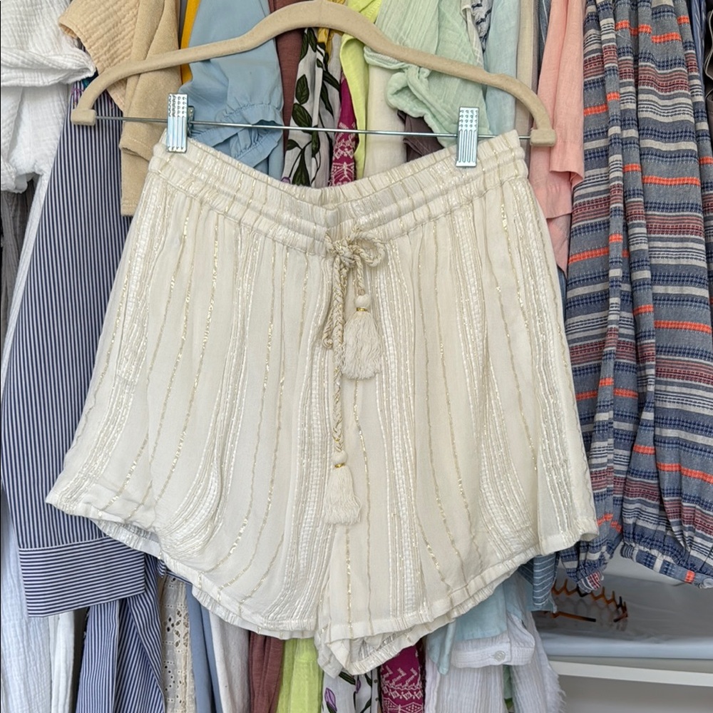 The Shirt Rochelle Behrens Women's Cream Shorts with Tassel and Gold Detail